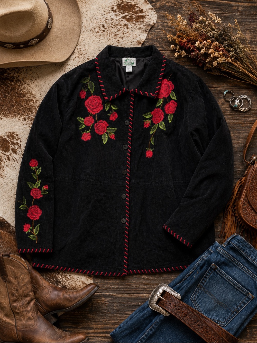 Women's Black Embroidered Rose Velvet Jacket